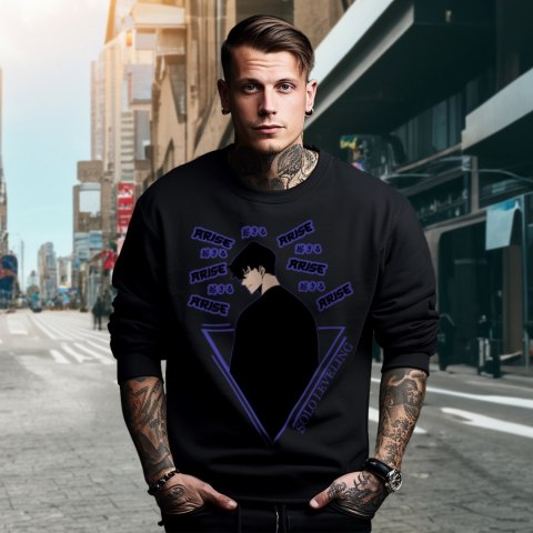 Bluza czarna męska z nadrukiem Solo Leveling Ore dake Level Up na Ken Bluza czarna męska z nadrukiem Solo Leveling Ore dake Level Up na Ken