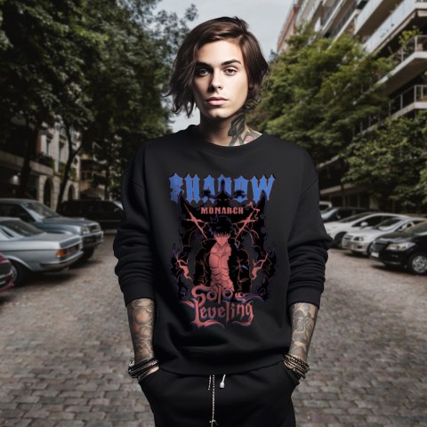 Bluza czarna męska z nadrukiem Solo Leveling Ore dake Level Up na Ken Bluza czarna męska z nadrukiem Solo Leveling Ore dake Level Up na Ken