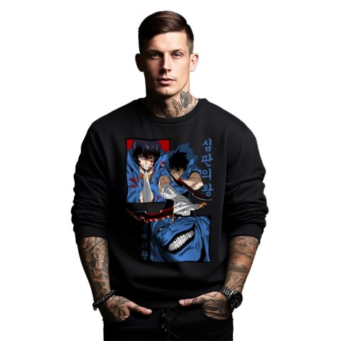 Bluza czarna męska z nadrukiem Solo Leveling Ore dake Level Up na Ken Bluza czarna męska z nadrukiem Solo Leveling Ore dake Level Up na Ken