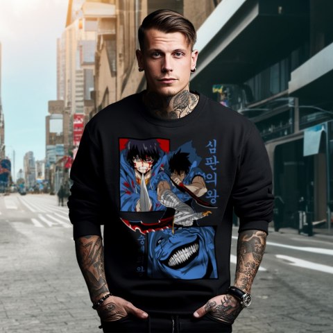 Bluza czarna męska z nadrukiem Solo Leveling Ore dake Level Up na Ken Bluza czarna męska z nadrukiem Solo Leveling Ore dake Level Up na Ken