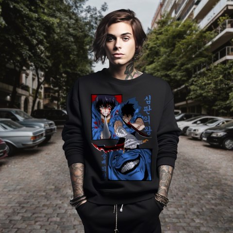 Bluza czarna męska z nadrukiem Solo Leveling Ore dake Level Up na Ken Bluza czarna męska z nadrukiem Solo Leveling Ore dake Level Up na Ken