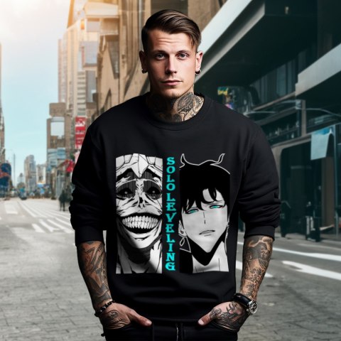 Bluza czarna męska z nadrukiem Solo Leveling Ore dake Level Up na Ken Bluza czarna męska z nadrukiem Solo Leveling Ore dake Level Up na Ken