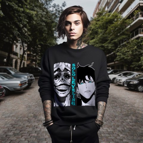 Bluza czarna męska z nadrukiem Solo Leveling Ore dake Level Up na Ken Bluza czarna męska z nadrukiem Solo Leveling Ore dake Level Up na Ken