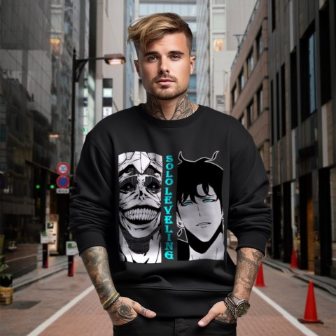 Bluza czarna męska z nadrukiem Solo Leveling Ore dake Level Up na Ken Bluza czarna męska z nadrukiem Solo Leveling Ore dake Level Up na Ken