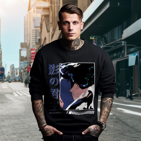 Bluza czarna męska z nadrukiem Solo Leveling Ore dake Level Up na Ken Bluza czarna męska z nadrukiem Solo Leveling Ore dake Level Up na Ken