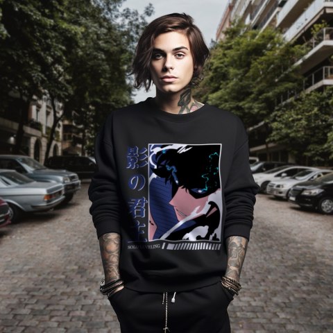 Bluza czarna męska z nadrukiem Solo Leveling Ore dake Level Up na Ken Bluza czarna męska z nadrukiem Solo Leveling Ore dake Level Up na Ken