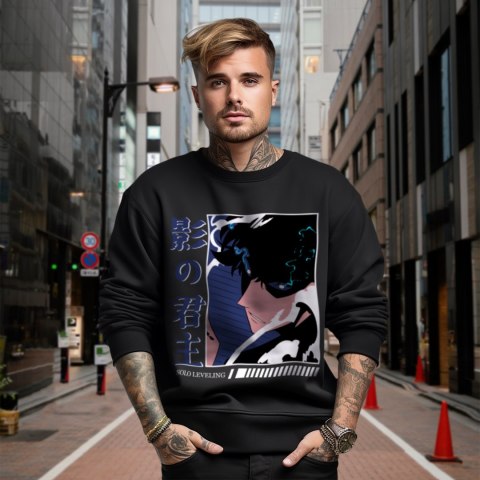 Bluza czarna męska z nadrukiem Solo Leveling Ore dake Level Up na Ken Bluza czarna męska z nadrukiem Solo Leveling Ore dake Level Up na Ken