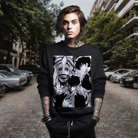 Bluza czarna męska z nadrukiem Solo Leveling Ore dake Level Up na Ken Bluza czarna męska z nadrukiem Solo Leveling Ore dake Level Up na Ken