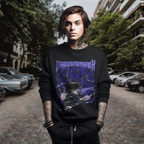 Bluza czarna męska z nadrukiem Solo Leveling Ore dake Level Up na Ken Bluza czarna męska z nadrukiem Solo Leveling Ore dake Level Up na Ken