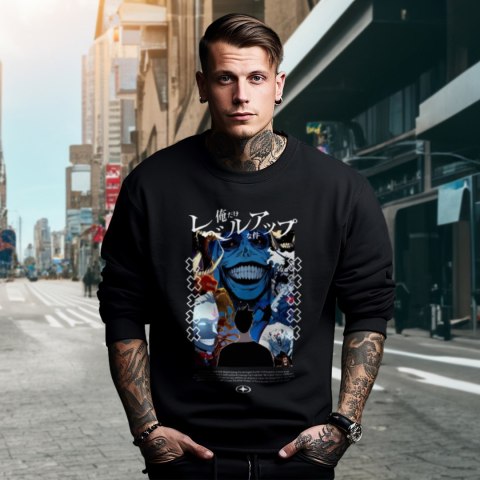 Bluza czarna męska z nadrukiem Solo Leveling Ore dake Level Up na Ken Bluza czarna męska z nadrukiem Solo Leveling Ore dake Level Up na Ken
