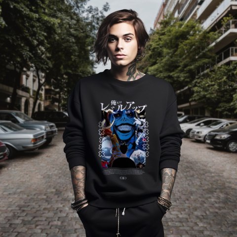 Bluza czarna męska z nadrukiem Solo Leveling Ore dake Level Up na Ken Bluza czarna męska z nadrukiem Solo Leveling Ore dake Level Up na Ken
