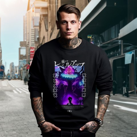 Bluza czarna męska z nadrukiem Solo Leveling Ore dake Level Up na Ken Bluza czarna męska z nadrukiem Solo Leveling Ore dake Level Up na Ken