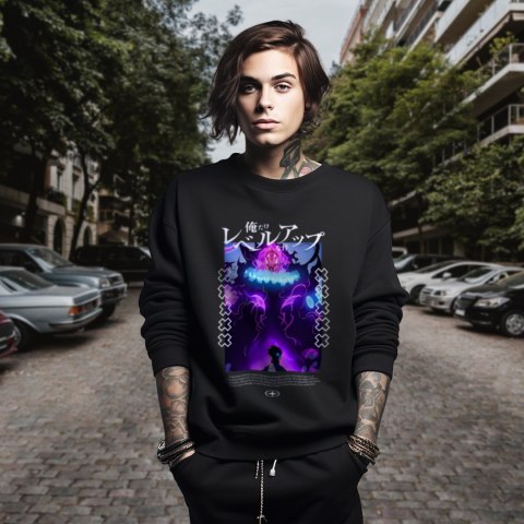 Bluza czarna męska z nadrukiem Solo Leveling Ore dake Level Up na Ken Bluza czarna męska z nadrukiem Solo Leveling Ore dake Level Up na Ken