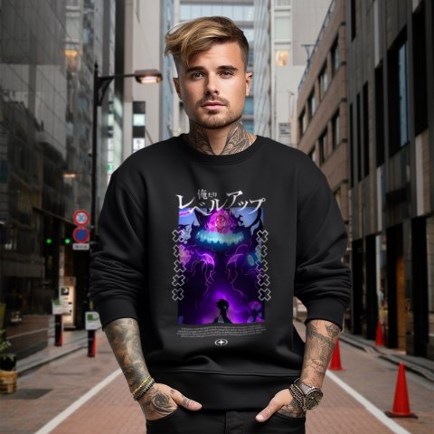 Bluza czarna męska z nadrukiem Solo Leveling Ore dake Level Up na Ken Bluza czarna męska z nadrukiem Solo Leveling Ore dake Level Up na Ken