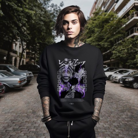 Bluza czarna męska z nadrukiem Solo Leveling Ore dake Level Up na Ken
