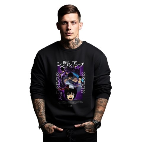 Bluza czarna męska z nadrukiem Solo Leveling Ore dake Level Up na Ken Bluza czarna męska z nadrukiem Solo Leveling Ore dake Level Up na Ken