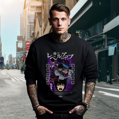 Bluza czarna męska z nadrukiem Solo Leveling Ore dake Level Up na Ken Bluza czarna męska z nadrukiem Solo Leveling Ore dake Level Up na Ken
