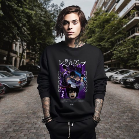 Bluza czarna męska z nadrukiem Solo Leveling Ore dake Level Up na Ken Bluza czarna męska z nadrukiem Solo Leveling Ore dake Level Up na Ken