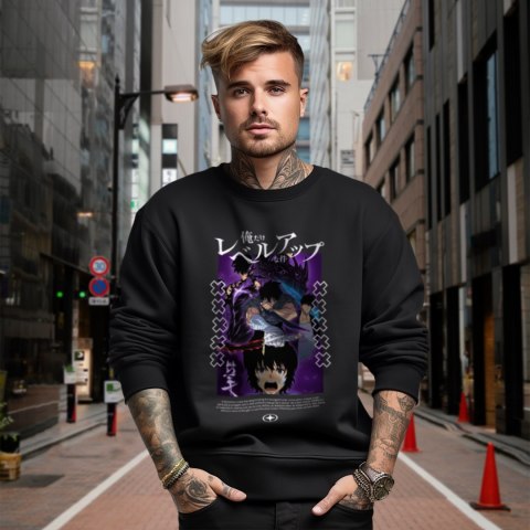 Bluza czarna męska z nadrukiem Solo Leveling Ore dake Level Up na Ken Bluza czarna męska z nadrukiem Solo Leveling Ore dake Level Up na Ken