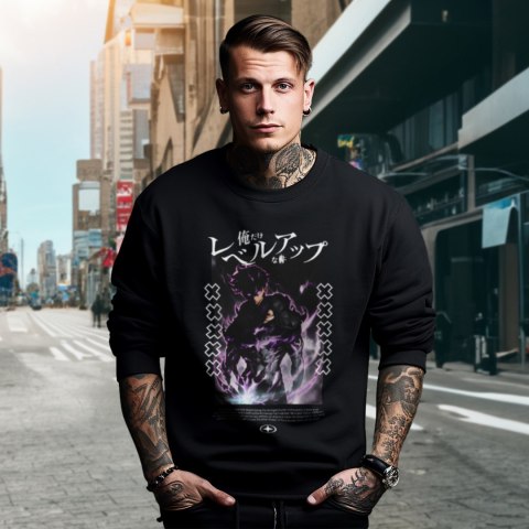 Bluza czarna męska z nadrukiem Solo Leveling Ore dake Level Up na Ken Bluza czarna męska z nadrukiem Solo Leveling Ore dake Level Up na Ken