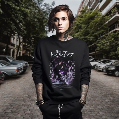 Bluza czarna męska z nadrukiem Solo Leveling Ore dake Level Up na Ken Bluza czarna męska z nadrukiem Solo Leveling Ore dake Level Up na Ken