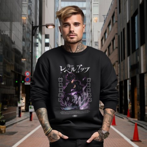 Bluza czarna męska z nadrukiem Solo Leveling Ore dake Level Up na Ken Bluza czarna męska z nadrukiem Solo Leveling Ore dake Level Up na Ken