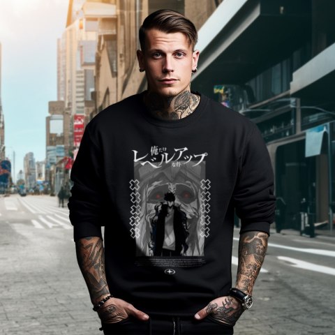 Bluza czarna męska z nadrukiem Solo Leveling Ore dake Level Up na Ken Bluza czarna męska z nadrukiem Solo Leveling Ore dake Level Up na Ken