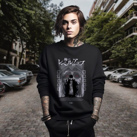Bluza czarna męska z nadrukiem Solo Leveling Ore dake Level Up na Ken Bluza czarna męska z nadrukiem Solo Leveling Ore dake Level Up na Ken