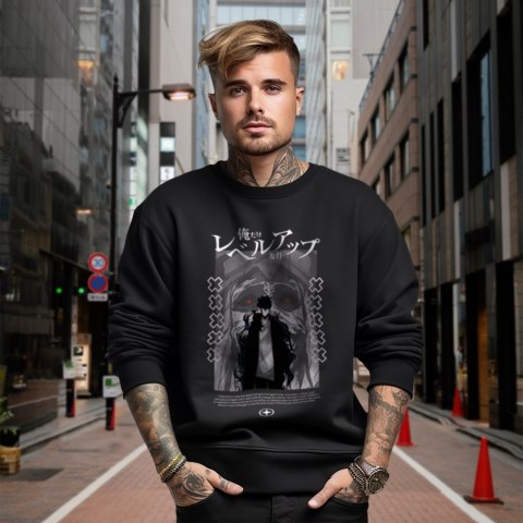 Bluza czarna męska z nadrukiem Solo Leveling Ore dake Level Up na Ken Bluza czarna męska z nadrukiem Solo Leveling Ore dake Level Up na Ken