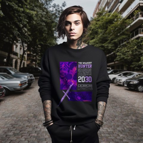 Bluza czarna męska z nadrukiem Solo Leveling Ore dake Level Up na Ken Bluza czarna męska z nadrukiem Solo Leveling Ore dake Level Up na Ken