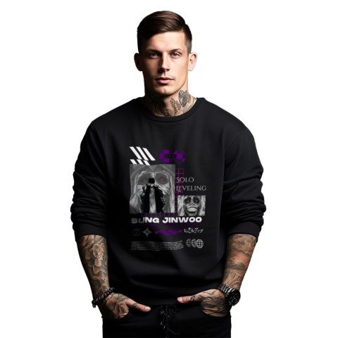 Bluza czarna męska z nadrukiem Solo Leveling Ore dake Level Up na Ken Bluza czarna męska z nadrukiem Solo Leveling Ore dake Level Up na Ken