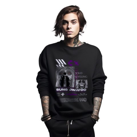 Bluza czarna męska z nadrukiem Solo Leveling Ore dake Level Up na Ken Bluza czarna męska z nadrukiem Solo Leveling Ore dake Level Up na Ken