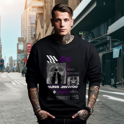 Bluza czarna męska z nadrukiem Solo Leveling Ore dake Level Up na Ken Bluza czarna męska z nadrukiem Solo Leveling Ore dake Level Up na Ken