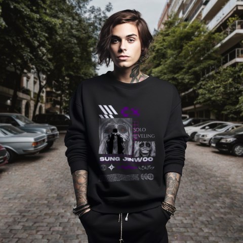 Bluza czarna męska z nadrukiem Solo Leveling Ore dake Level Up na Ken Bluza czarna męska z nadrukiem Solo Leveling Ore dake Level Up na Ken
