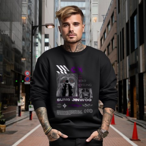 Bluza czarna męska z nadrukiem Solo Leveling Ore dake Level Up na Ken Bluza czarna męska z nadrukiem Solo Leveling Ore dake Level Up na Ken