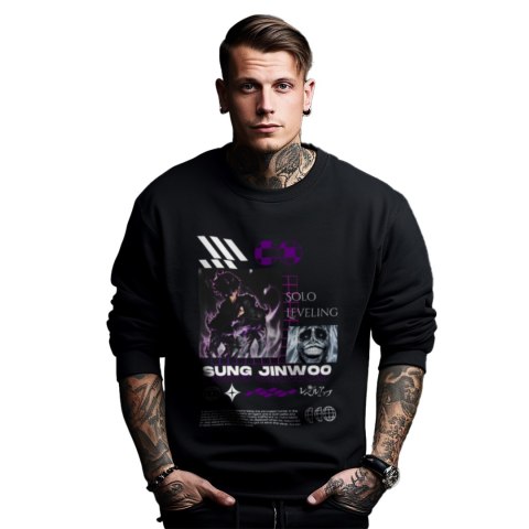 Bluza czarna męska z nadrukiem Solo Leveling Ore dake Level Up na Ken Bluza czarna męska z nadrukiem Solo Leveling Ore dake Level Up na Ken