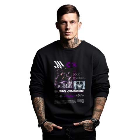Bluza czarna męska z nadrukiem Solo Leveling Ore dake Level Up na Ken Bluza czarna męska z nadrukiem Solo Leveling Ore dake Level Up na Ken