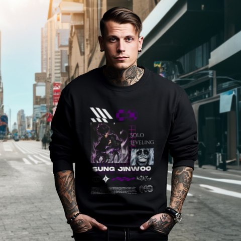 Bluza czarna męska z nadrukiem Solo Leveling Ore dake Level Up na Ken Bluza czarna męska z nadrukiem Solo Leveling Ore dake Level Up na Ken
