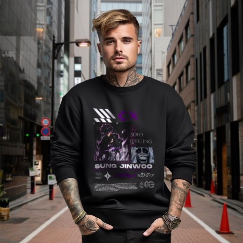 Bluza czarna męska z nadrukiem Solo Leveling Ore dake Level Up na Ken Bluza czarna męska z nadrukiem Solo Leveling Ore dake Level Up na Ken