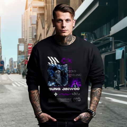 Bluza czarna męska z nadrukiem Solo Leveling Ore dake Level Up na Ken Bluza czarna męska z nadrukiem Solo Leveling Ore dake Level Up na Ken