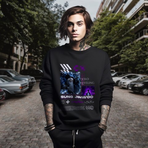 Bluza czarna męska z nadrukiem Solo Leveling Ore dake Level Up na Ken Bluza czarna męska z nadrukiem Solo Leveling Ore dake Level Up na Ken