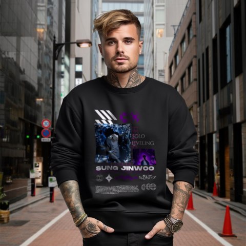 Bluza czarna męska z nadrukiem Solo Leveling Ore dake Level Up na Ken Bluza czarna męska z nadrukiem Solo Leveling Ore dake Level Up na Ken