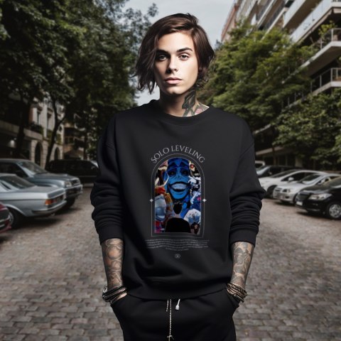 Bluza czarna męska z nadrukiem Solo Leveling Ore dake Level Up na Ken Bluza czarna męska z nadrukiem Solo Leveling Ore dake Level Up na Ken
