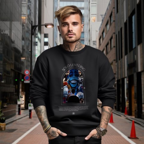 Bluza czarna męska z nadrukiem Solo Leveling Ore dake Level Up na Ken Bluza czarna męska z nadrukiem Solo Leveling Ore dake Level Up na Ken