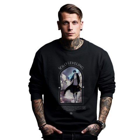Bluza czarna męska z nadrukiem Solo Leveling Ore dake Level Up na Ken Bluza czarna męska z nadrukiem Solo Leveling Ore dake Level Up na Ken