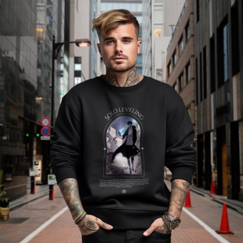 Bluza czarna męska z nadrukiem Solo Leveling Ore dake Level Up na Ken Bluza czarna męska z nadrukiem Solo Leveling Ore dake Level Up na Ken