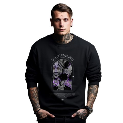 Bluza czarna męska z nadrukiem Solo Leveling Ore dake Level Up na Ken Bluza czarna męska z nadrukiem Solo Leveling Ore dake Level Up na Ken
