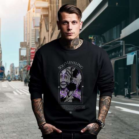 Bluza czarna męska z nadrukiem Solo Leveling Ore dake Level Up na Ken Bluza czarna męska z nadrukiem Solo Leveling Ore dake Level Up na Ken