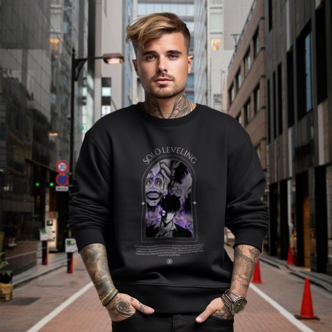 Bluza czarna męska z nadrukiem Solo Leveling Ore dake Level Up na Ken Bluza czarna męska z nadrukiem Solo Leveling Ore dake Level Up na Ken