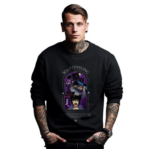 Bluza czarna męska z nadrukiem Solo Leveling Ore dake Level Up na Ken Bluza czarna męska z nadrukiem Solo Leveling Ore dake Level Up na Ken